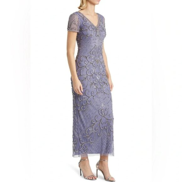 NEW Women's PISARRO NIGHTS Beaded Mesh Midi Cocktail Dress/Gown VioletSize  8